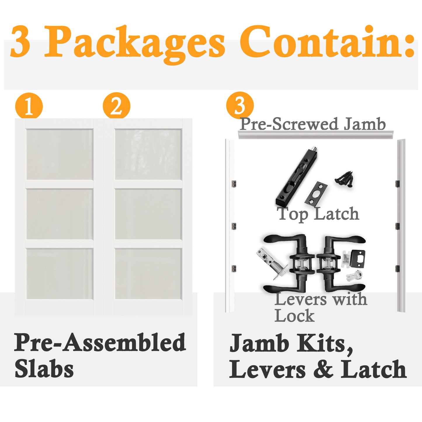 JUJUBON Prehung French Door, 3 Lite Tempered Frosted Glass Door Slabs with Jamb, Black Hinges, 4 Levers & Latch, Solid Core Interior Doors, Pre-Finished & Paintable, MDF Double Doors Interior
