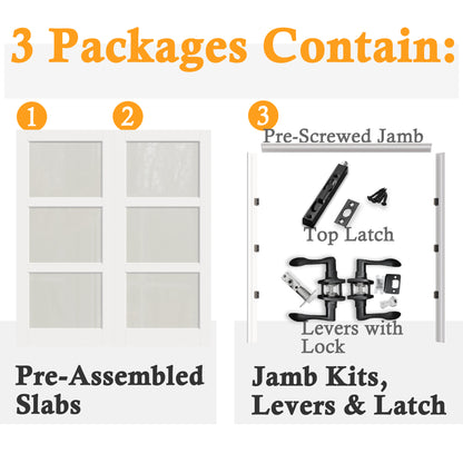 JUJUBON Prehung French Door, 3 Lite Tempered Frosted Glass Door Slabs with Jamb, Black Hinges, 4 Levers & Latch, Solid Core Interior Doors, Pre-Finished & Paintable, MDF Double Doors Interior