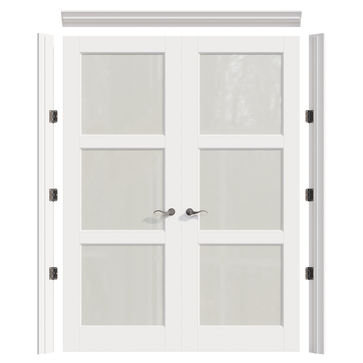 JUJUBON Prehung French Door, 3 Lite Tempered Frosted Glass Door Slabs with Jamb, Black Hinges, 4 Levers & Latch, Solid Core Interior Doors, Pre-Finished & Paintable, MDF Double Doors Interior