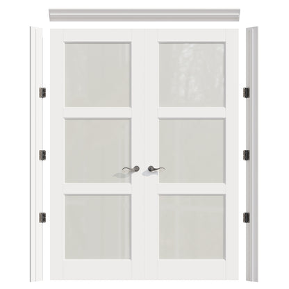 JUJUBON Prehung French Door, 3 Lite Tempered Frosted Glass Door Slabs with Jamb, Black Hinges, 4 Levers & Latch, Solid Core Interior Doors, Pre-Finished & Paintable, MDF Double Doors Interior