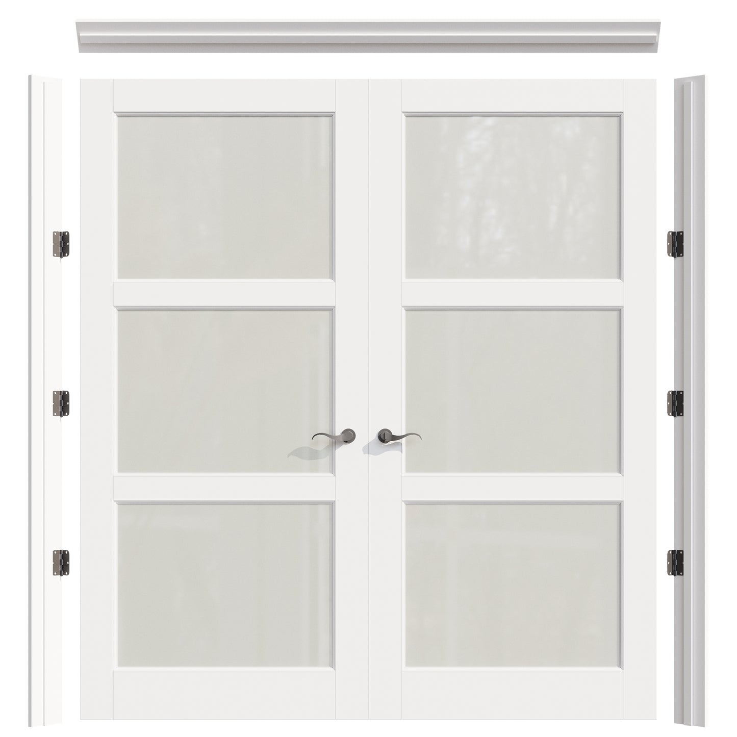 JUJUBON Prehung French Door, 3 Lite Tempered Frosted Glass Door Slabs with Jamb, Black Hinges, 4 Levers & Latch, Solid Core Interior Doors, Pre-Finished & Paintable, MDF Double Doors Interior