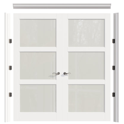 JUJUBON Prehung French Door, 3 Lite Tempered Frosted Glass Door Slabs with Jamb, Black Hinges, 4 Levers & Latch, Solid Core Interior Doors, Pre-Finished & Paintable, MDF Double Doors Interior