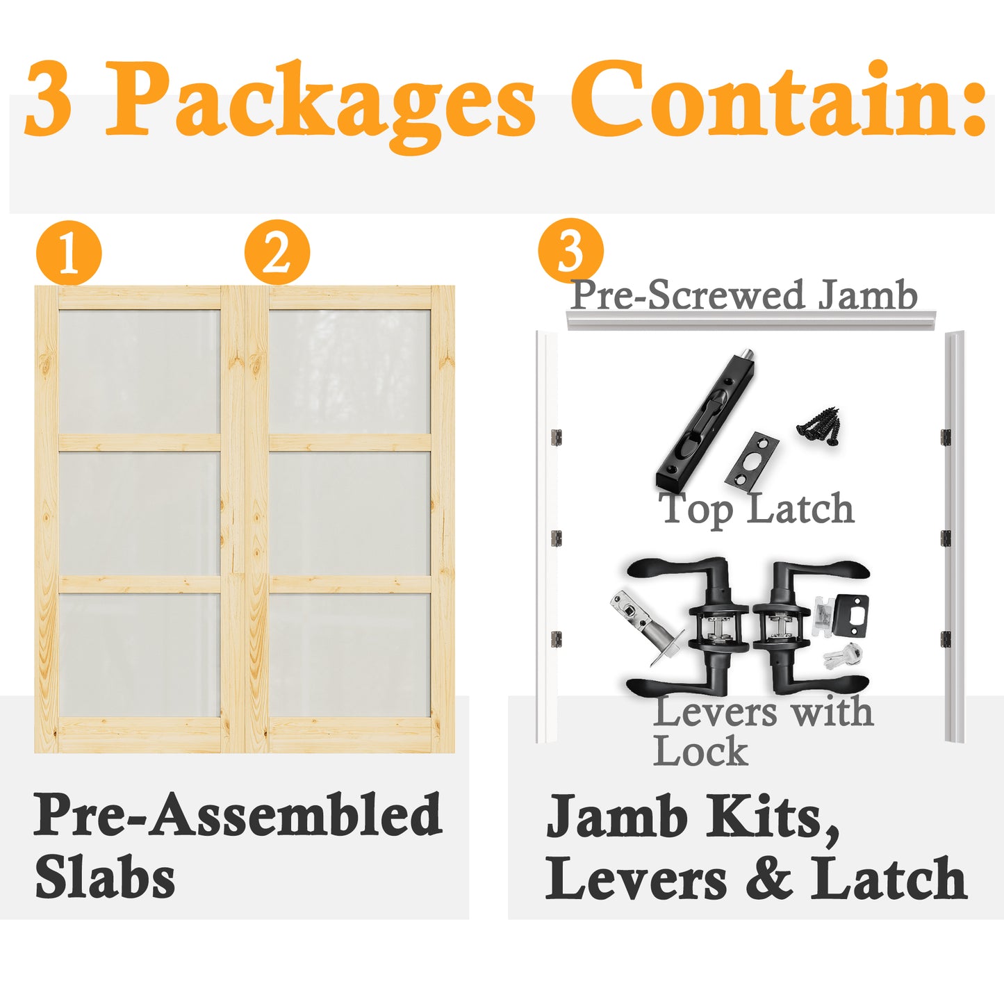 JUJUBON Prehung French Door, 3-Lite Tempered Frosted Glass & Pine Wood Door Slabs with Jamb, Black Hinges, 4 Levers & Latch, Solid Core Interior Doors, Unfinished Double Doors Interior