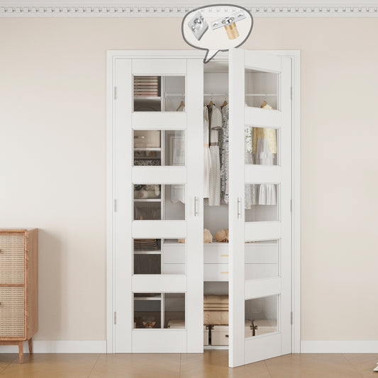 Jujubon 5-Lite Clear Glass White Solid Core Finished Glass French Door Panels with Silver Ball Catch, with Ready-to-Assemble Jamb