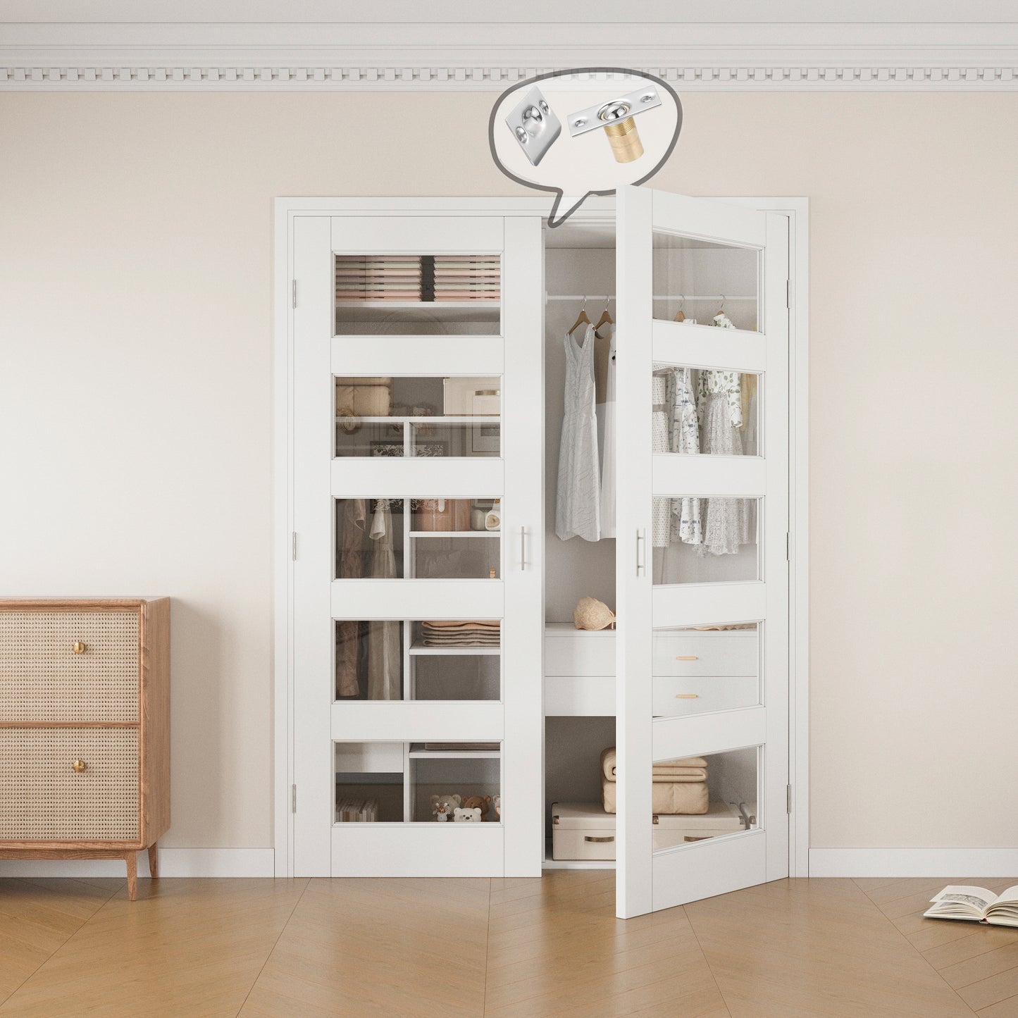 Jujubon 5-Lite Clear Glass White Solid Core Finished Glass French Door Panels with Silver Ball Catch, with Ready-to-Assemble Jamb