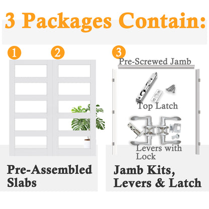 JUJUBON Prehung French Door, 5-Lite Clear Glass Panel with Sliver Handware Kits, 4 Levers & Latch, Solid Core Interior Doors, Pre-Finished & Paintable, MDF Double Doors Interior
