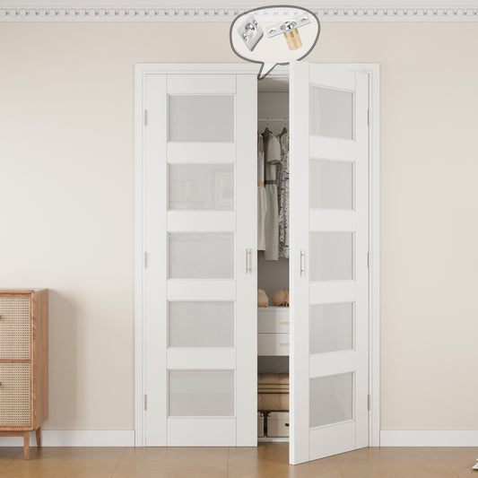 Jujubon 5-Lite Frosted Glass White Solid Core Finished Glass French Door Panels with Silver Ball Catch, with Ready-to-Assemble Jamb