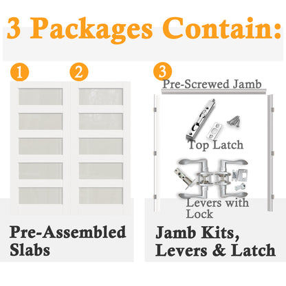 JUJUBON Prehung French Door, 5-Lite Frosted Glass Panel with Sliver Handware Kits, 4 Levers & Latch, Solid Core Interior Doors, Pre-Finished & Paintable, MDF Double Doors Interior