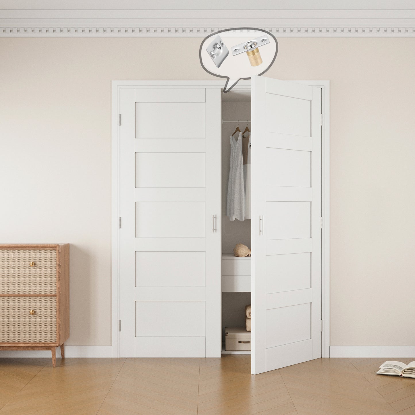 Jujubon 5-Lite Panel White Solid Core Finished Glass French Door Panels with Silver Ball Catch, with Ready-to-Assemble Jamb