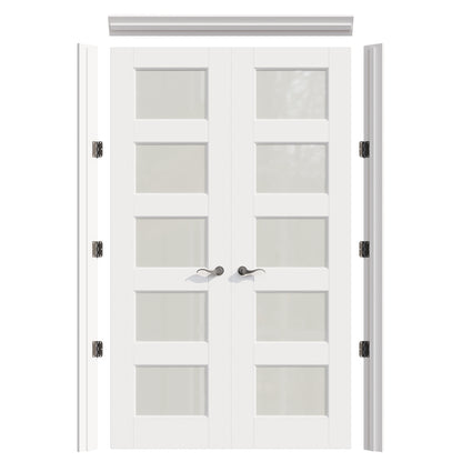 JUJUBON Prehung French Door, 5 Lite Tempered Frosted Glass Door Slabs with Jamb, Black Hinges, 4 Levers & Latch, Solid Core Interior Doors, Pre-Finished & Paintable, MDF Double Doors Interior