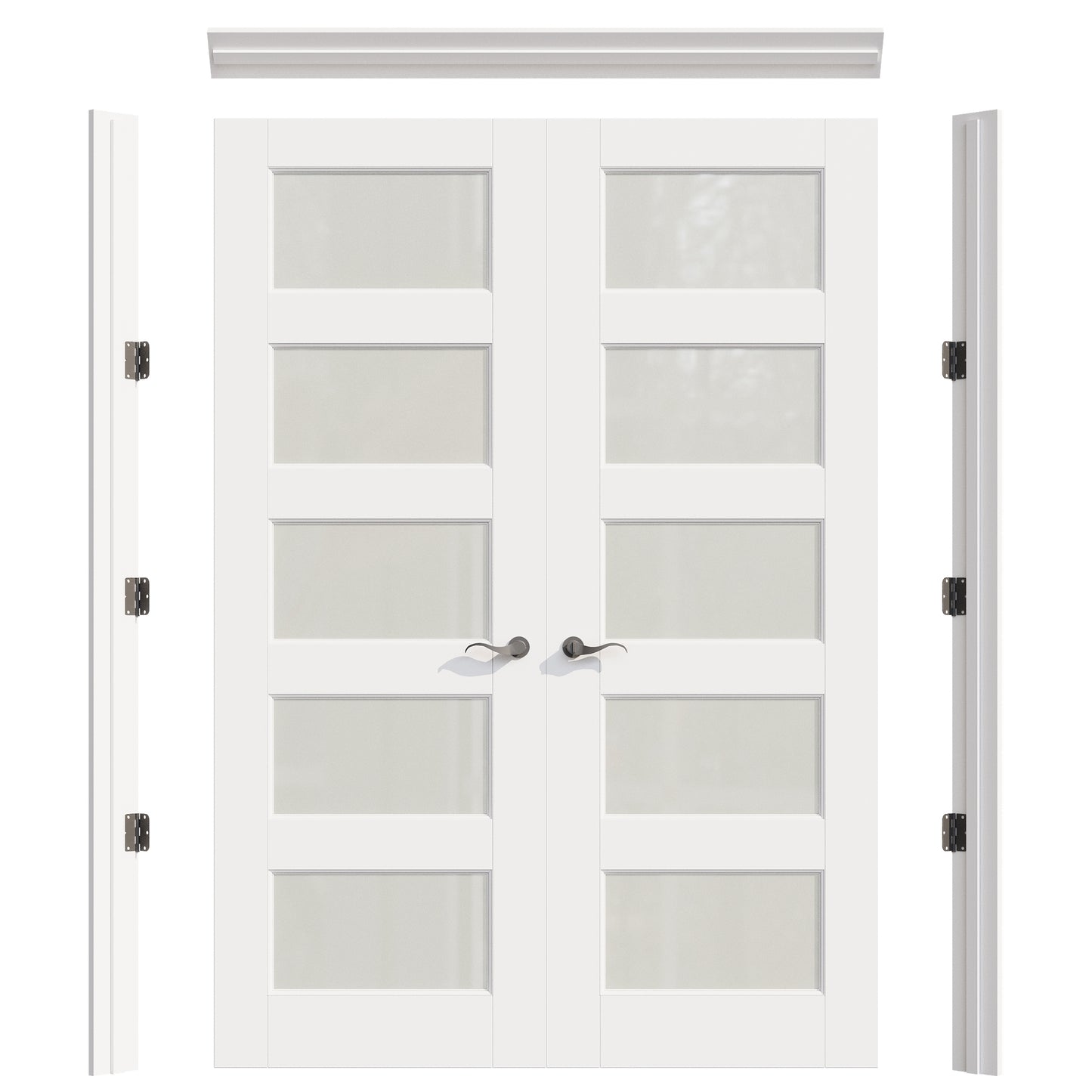 JUJUBON Prehung French Door, 5 Lite Tempered Frosted Glass Door Slabs with Jamb, Black Hinges, 4 Levers & Latch, Solid Core Interior Doors, Pre-Finished & Paintable, MDF Double Doors Interior