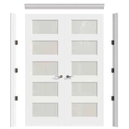 JUJUBON Prehung French Door, 5 Lite Tempered Frosted Glass Door Slabs with Jamb, Black Hinges, 4 Levers & Latch, Solid Core Interior Doors, Pre-Finished & Paintable, MDF Double Doors Interior
