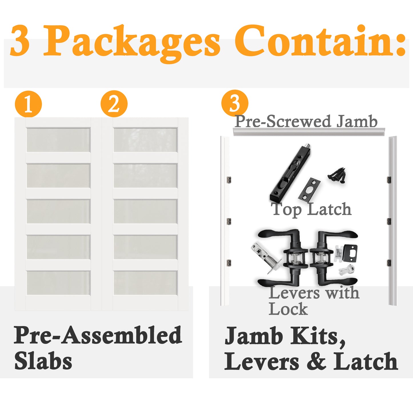 JUJUBON Prehung French Door, 5 Lite Tempered Frosted Glass Door Slabs with Jamb, Black Hinges, 4 Levers & Latch, Solid Core Interior Doors, Pre-Finished & Paintable, MDF Double Doors Interior