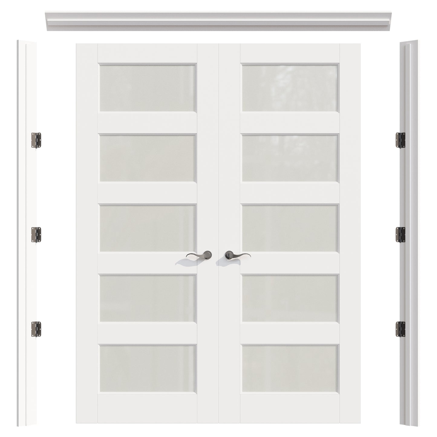 JUJUBON Prehung French Door, 5 Lite Tempered Frosted Glass Door Slabs with Jamb, Black Hinges, 4 Levers & Latch, Solid Core Interior Doors, Pre-Finished & Paintable, MDF Double Doors Interior