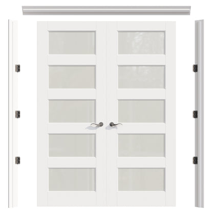 JUJUBON Prehung French Door, 5 Lite Tempered Frosted Glass Door Slabs with Jamb, Black Hinges, 4 Levers & Latch, Solid Core Interior Doors, Pre-Finished & Paintable, MDF Double Doors Interior
