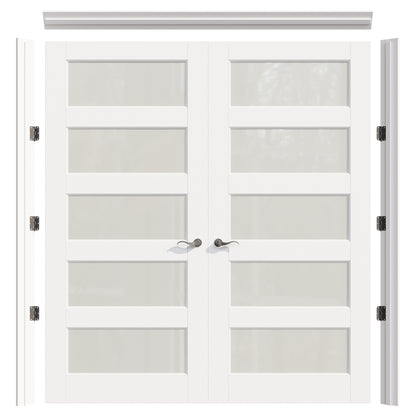 JUJUBON Prehung French Door, 5 Lite Tempered Frosted Glass Door Slabs with Jamb, Black Hinges, 4 Levers & Latch, Solid Core Interior Doors, Pre-Finished & Paintable, MDF Double Doors Interior