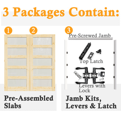 JUJUBON Prehung French Door, 5-Lite Tempered Frosted Glass & Pine Wood Door Slabs with Jamb, Black Hinges, 4 Levers & Latch, Solid Core Interior Doors, Unfinished Double Doors Interior
