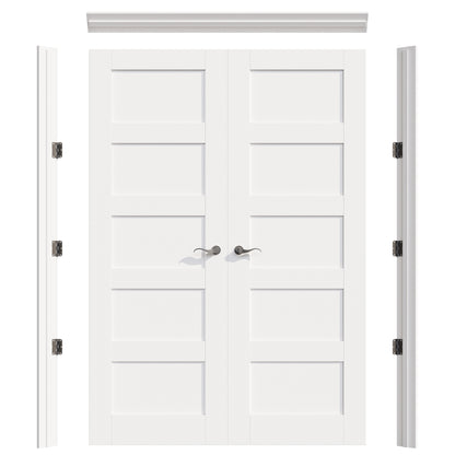 JUJUBON Prehung French Door, 5 Panel Solid Core Door Slabs with Jamb, Black Hinges, 4 Levers & Latch, Solid Core Interior Doors, Pre-Finished & Paintable, MDF Double Doors Interior