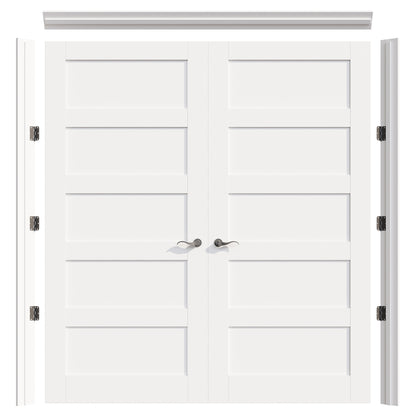 JUJUBON Prehung French Door, 5 Panel Solid Core Door Slabs with Jamb, Black Hinges, 4 Levers & Latch, Solid Core Interior Doors, Pre-Finished & Paintable, MDF Double Doors Interior