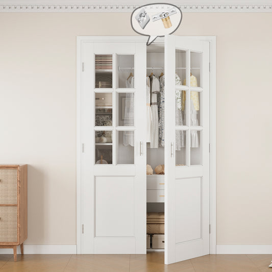 Jujubon 6-Lite Clear Glass White Solid Core Finished Glass French Door Panels with Silver Ball Catch, with Ready-to-Assemble Jamb
