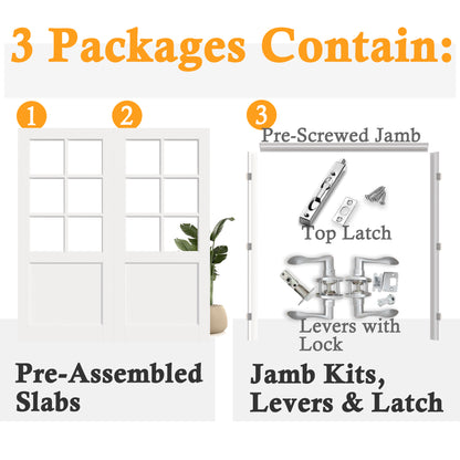 JUJUBON Prehung French Door, 6-Lite Clear Glass Panel with Sliver Handware Kits, 4 Levers & Latch, Solid Core Interior Doors, Pre-Finished & Paintable, MDF Double Doors Interior