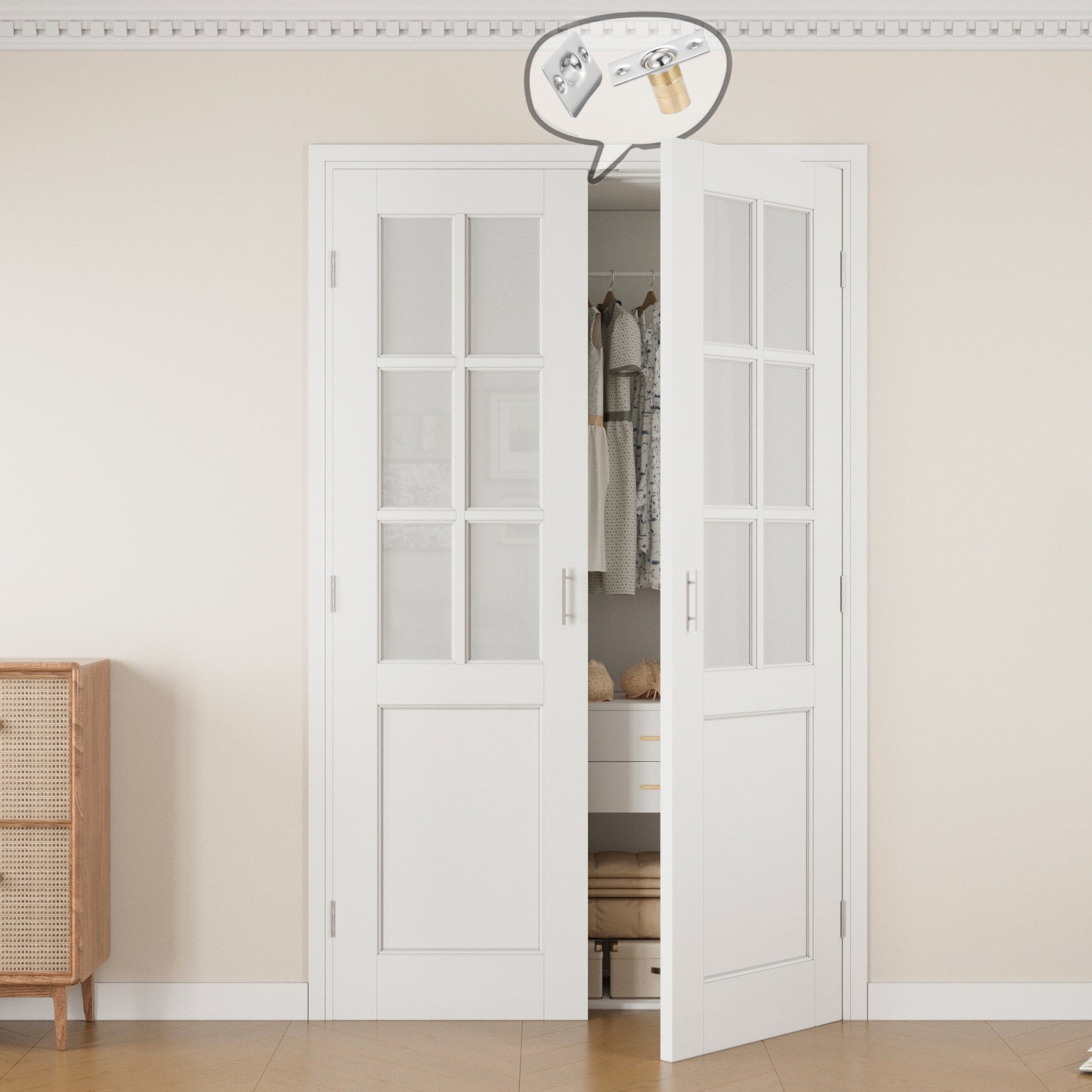 Jujubon 6-Lite Frosted Glass White Solid Core Finished Glass French Door Panels with Silver Ball Catch, with Ready-to-Assemble Jamb