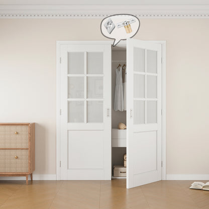 Jujubon 6-Lite Frosted Glass White Solid Core Finished Glass French Door Panels with Silver Ball Catch, with Ready-to-Assemble Jamb