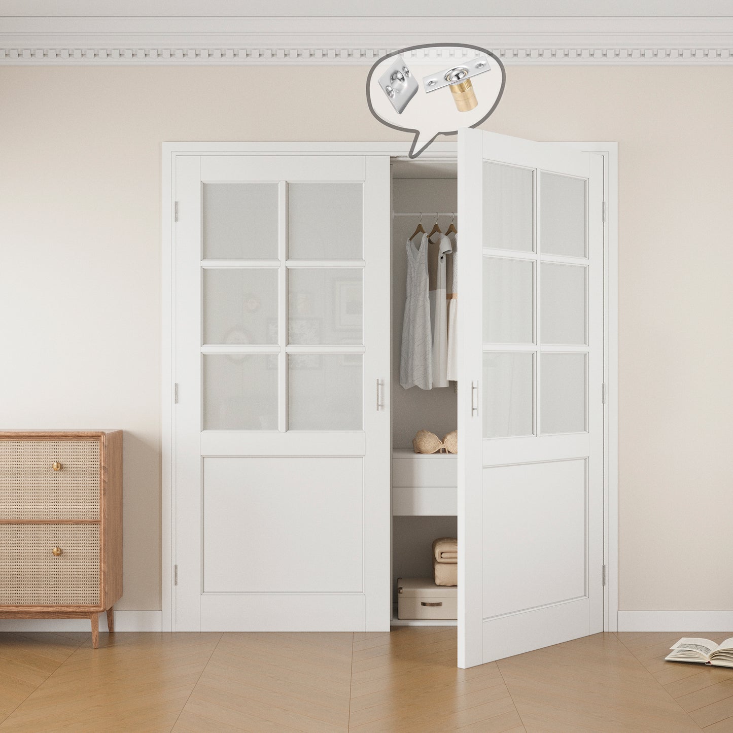 Jujubon 6-Lite Frosted Glass White Solid Core Finished Glass French Door Panels with Silver Ball Catch, with Ready-to-Assemble Jamb