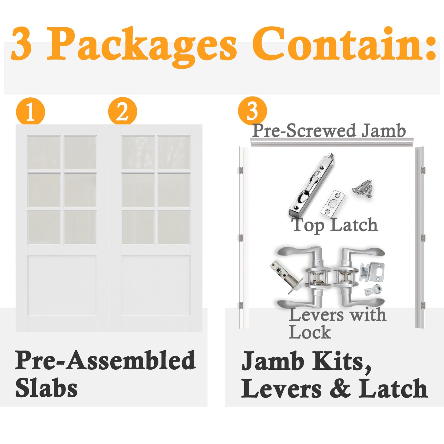 JUJUBON Prehung French Door, 6-Lite Frosted Glass Panel with Sliver Handware Kits, 4 Levers & Latch, Solid Core Interior Doors, Pre-Finished & Paintable, MDF Double Doors Interior