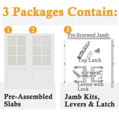 JUJUBON Prehung French Door, 6-Lite Frosted Glass Panel with Sliver Handware Kits, 4 Levers & Latch, Solid Core Interior Doors, Pre-Finished & Paintable, MDF Double Doors Interior