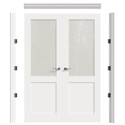 JUJUBON Prehung French Door, Half Tempered Frosted Glass Door Slabs with Jamb, Black Hinges, 4 Levers & Latch, Solid Core Interior Doors, Pre-Finished & Paintable, MDF Double Doors Interior