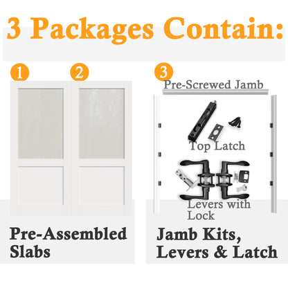 JUJUBON Prehung French Door, Half Tempered Frosted Glass Door Slabs with Jamb, Black Hinges, 4 Levers & Latch, Solid Core Interior Doors, Pre-Finished & Paintable, MDF Double Doors Interior