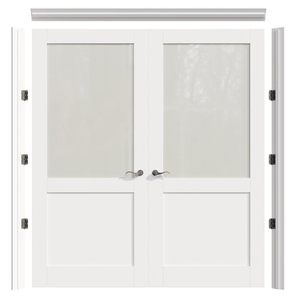JUJUBON Prehung French Door, Half Tempered Frosted Glass Door Slabs with Jamb, Black Hinges, 4 Levers & Latch, Solid Core Interior Doors, Pre-Finished & Paintable, MDF Double Doors Interior