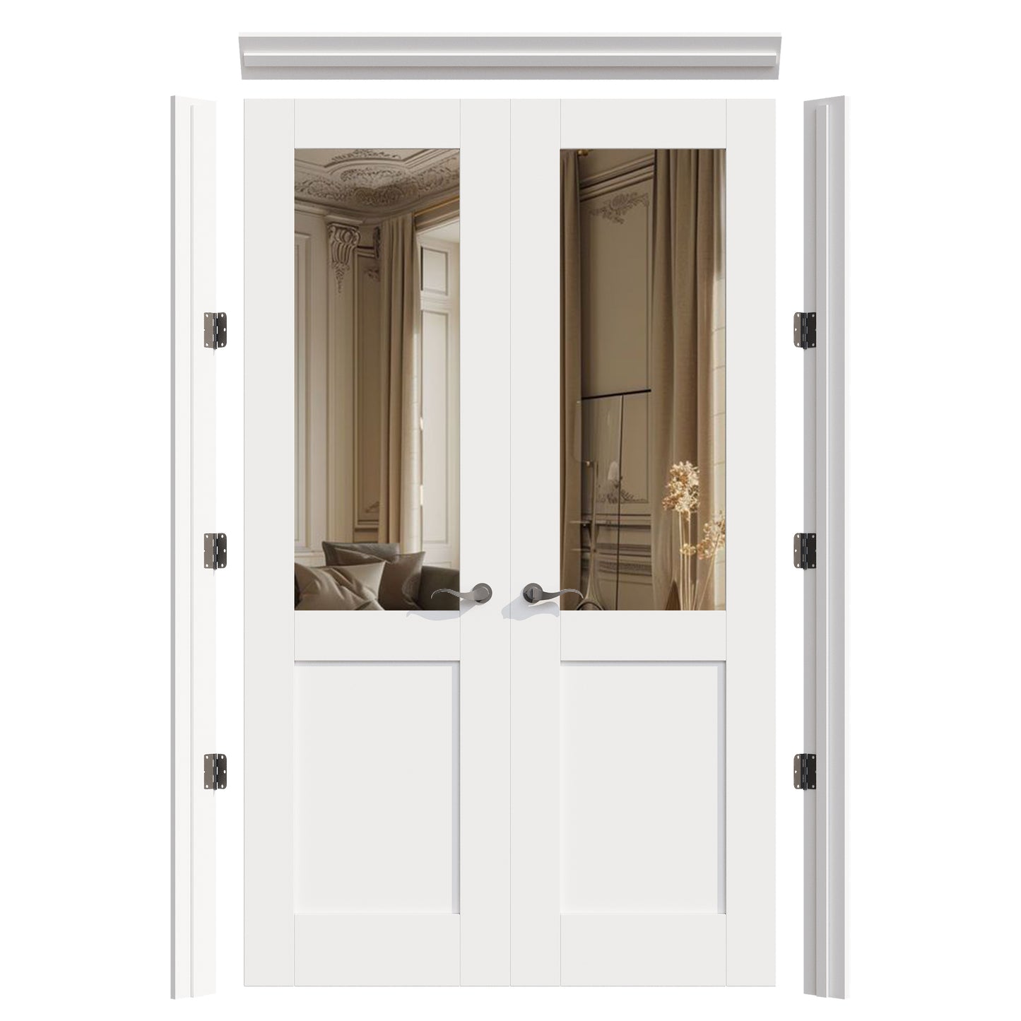 JUJUBON Prehung French Door, Half Mirror Door Slabs with Jamb, Black Hinges, 4 Levers & Latch, Solid Core Interior Doors, Pre-Finished & Paintable, One Side Mirror & The Opposite White