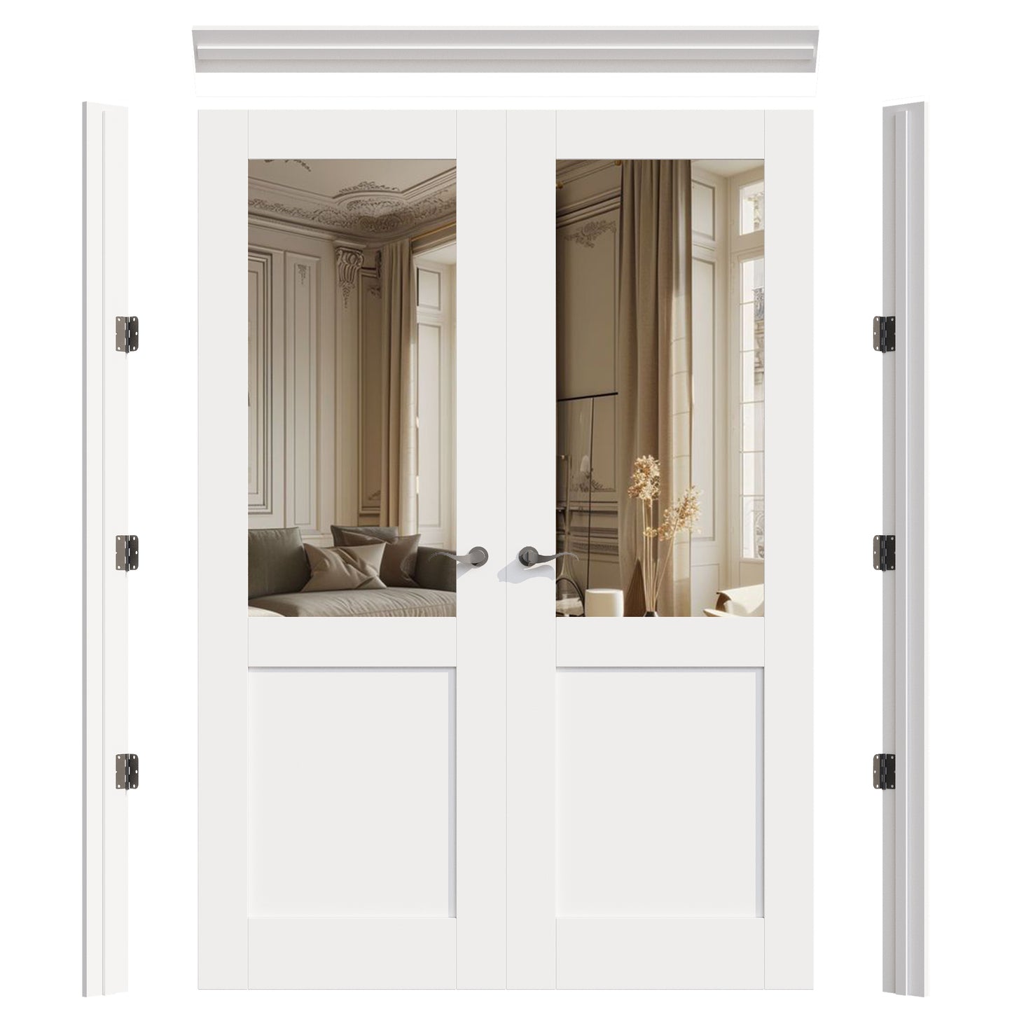 JUJUBON Prehung French Door, Half Mirror Door Slabs with Jamb, Black Hinges, 4 Levers & Latch, Solid Core Interior Doors, Pre-Finished & Paintable, One Side Mirror & The Opposite White