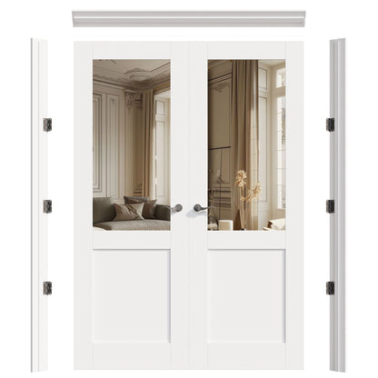 JUJUBON Prehung French Door, Half Mirror Door Slabs with Jamb, Black Hinges, 4 Levers & Latch, Solid Core Interior Doors, Pre-Finished & Paintable, One Side Mirror & The Opposite White