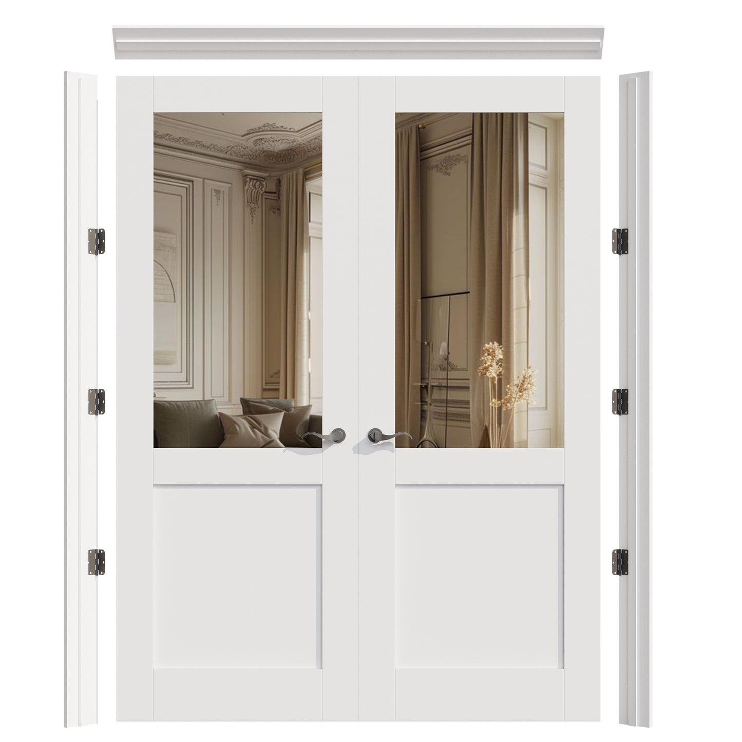 JUJUBON Prehung French Door, Half Mirror Door Slabs with Jamb, Black Hinges, 4 Levers & Latch, Solid Core Interior Doors, Pre-Finished & Paintable, One Side Mirror & The Opposite White