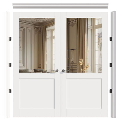 JUJUBON Prehung French Door, Half Mirror Door Slabs with Jamb, Black Hinges, 4 Levers & Latch, Solid Core Interior Doors, Pre-Finished & Paintable, One Side Mirror & The Opposite White