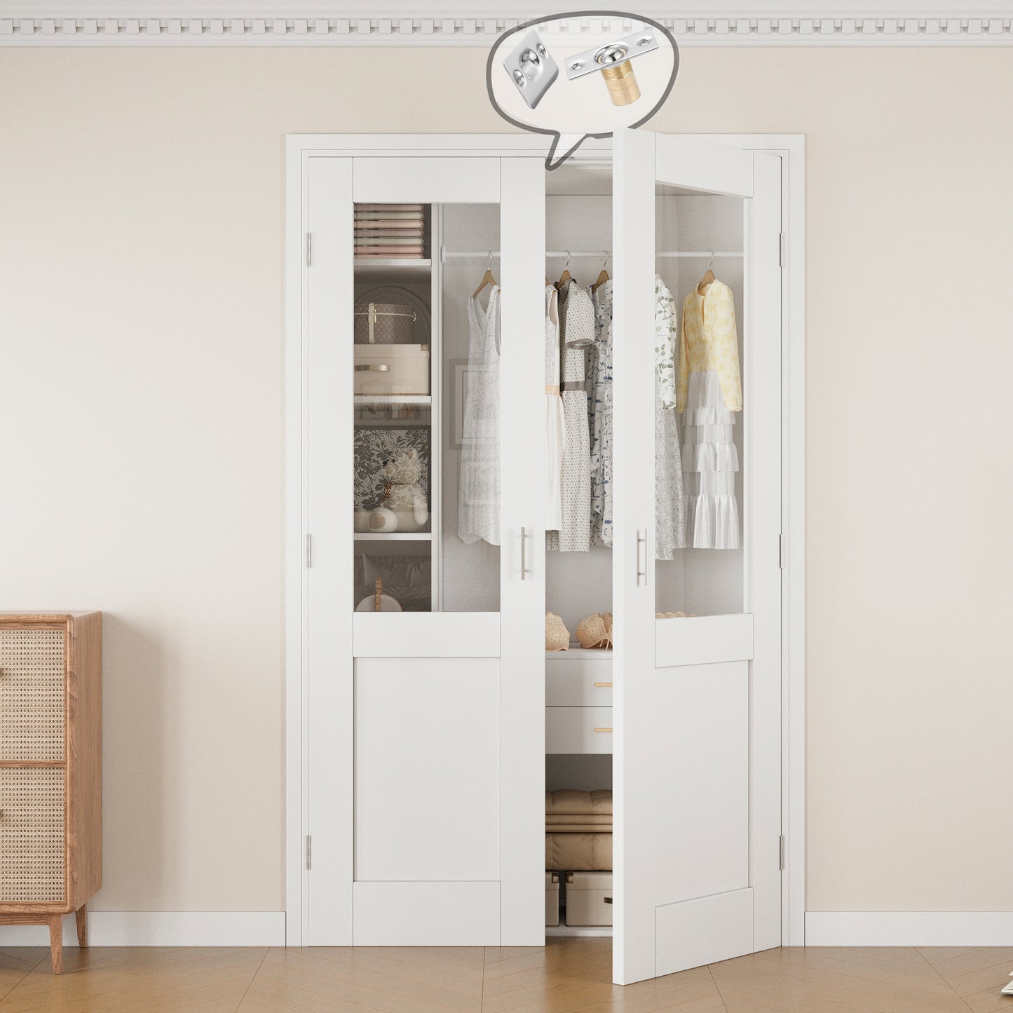 Jujubon Half-Lite Clear Glass White Solid Core Finished Glass French Door Panels with Silver Ball Catch, with Ready-to-Assemble Jamb