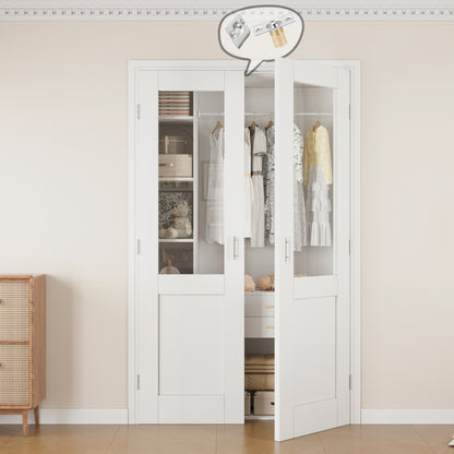 Jujubon Half-Lite Clear Glass White Solid Core Finished Glass French Door Panels with Silver Ball Catch, with Ready-to-Assemble Jamb