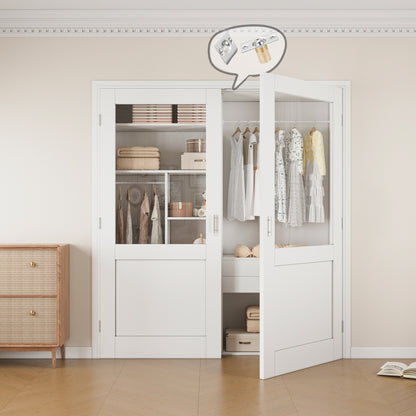 Jujubon Half-Lite Clear Glass White Solid Core Finished Glass French Door Panels with Silver Ball Catch, with Ready-to-Assemble Jamb