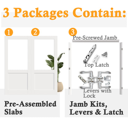 JUJUBON Prehung French Door, Half-Lite Clear Glass Panel with Sliver Handware Kits, 4 Levers & Latch, Solid Core Interior Doors, Pre-Finished & Paintable, MDF Double Doors Interior