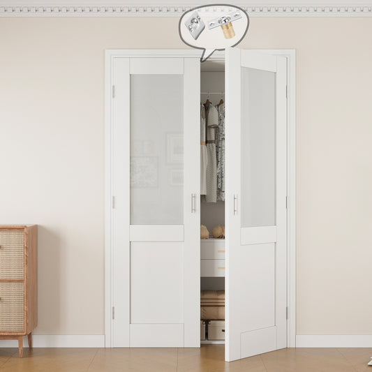 Jujubon Half-Lite Frosted Glass White Solid Core Finished Glass French Door Panels with Silver Ball Catch, with Ready-to-Assemble Jamb