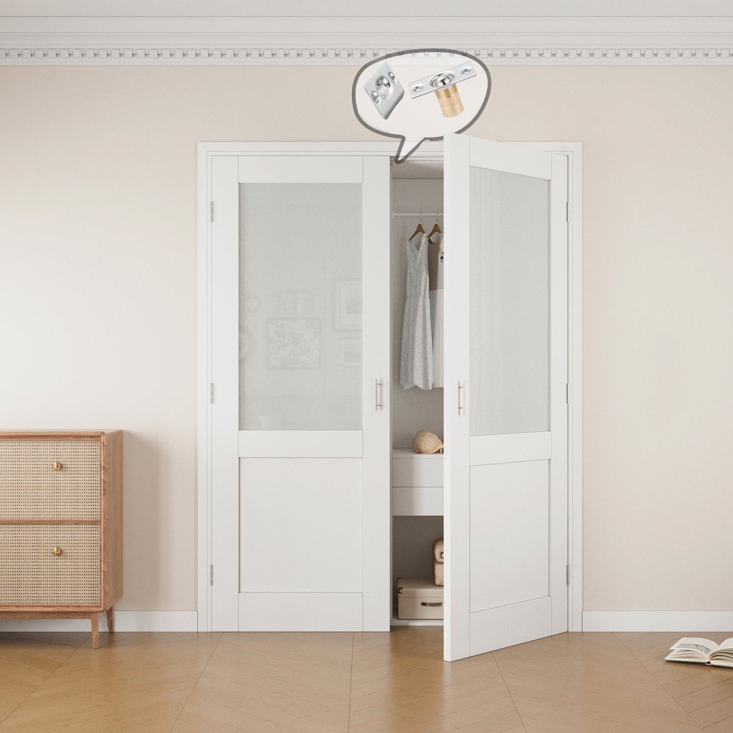 Jujubon Half-Lite Frosted Glass White Solid Core Finished Glass French Door Panels with Silver Ball Catch, with Ready-to-Assemble Jamb
