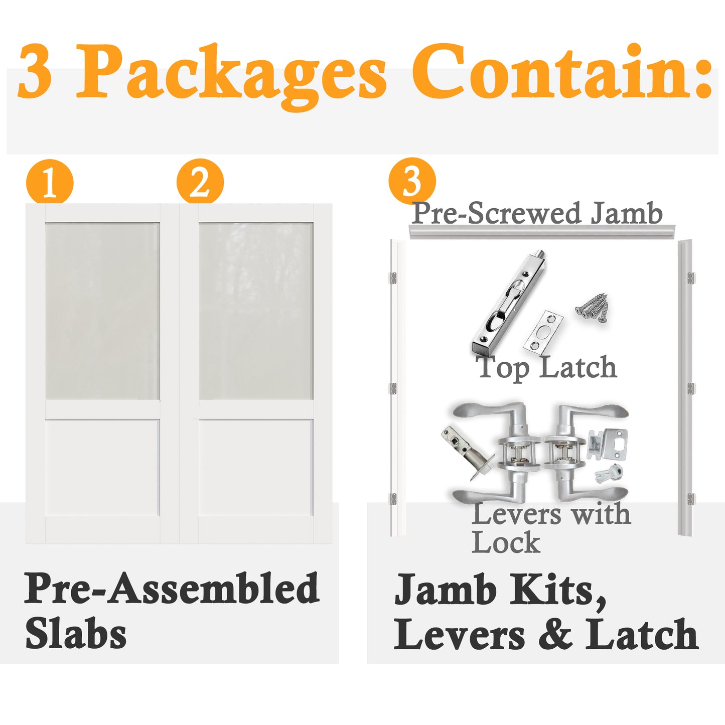 JUJUBON Prehung French Door, Half-Lite Frosted Glass Panel with Sliver Handware Kits, 4 Levers & Latch, Solid Core Interior Doors, Pre-Finished & Paintable, MDF Double Doors Interior