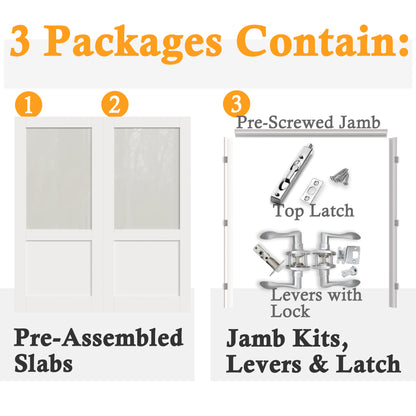 JUJUBON Prehung French Door, Half-Lite Frosted Glass Panel with Sliver Handware Kits, 4 Levers & Latch, Solid Core Interior Doors, Pre-Finished & Paintable, MDF Double Doors Interior