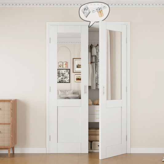 Jujubon Half-Lite Mirror White Solid Core Finished Glass French Door Panels with Silver Ball Catch, with Ready-to-Assemble Jamb