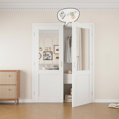 Jujubon Half-Lite Mirror White Solid Core Finished Glass French Door Panels with Silver Ball Catch, with Ready-to-Assemble Jamb