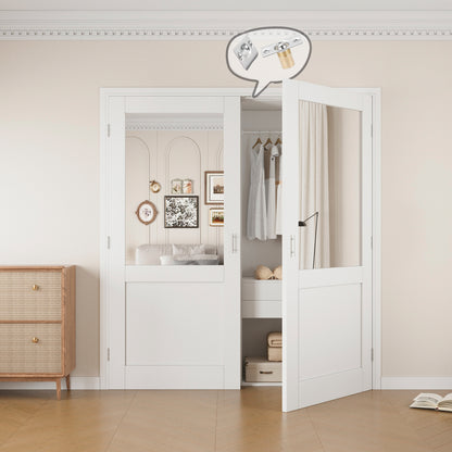 Jujubon Half-Lite Mirror White Solid Core Finished Glass French Door Panels with Silver Ball Catch, with Ready-to-Assemble Jamb