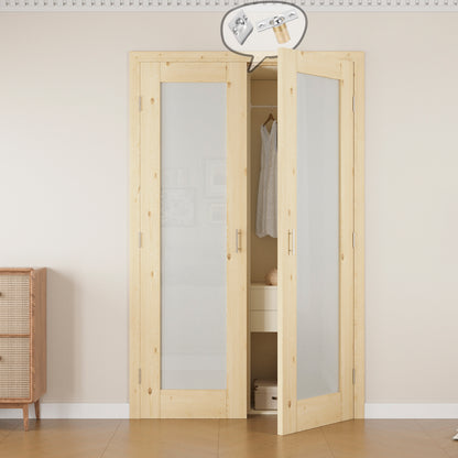 Jujubon 1-Lite Frosted Glass Pine Wood Solid Core Finished Glass French Door Panels with Silver Ball Catch, with Ready-to-Assemble Jamb